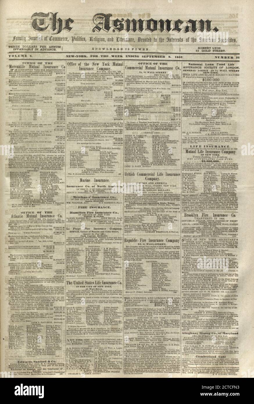 The Asmonean, texte, journaux, 1853-09-09, Lyon, Robert, 1810-1858 Banque D'Images