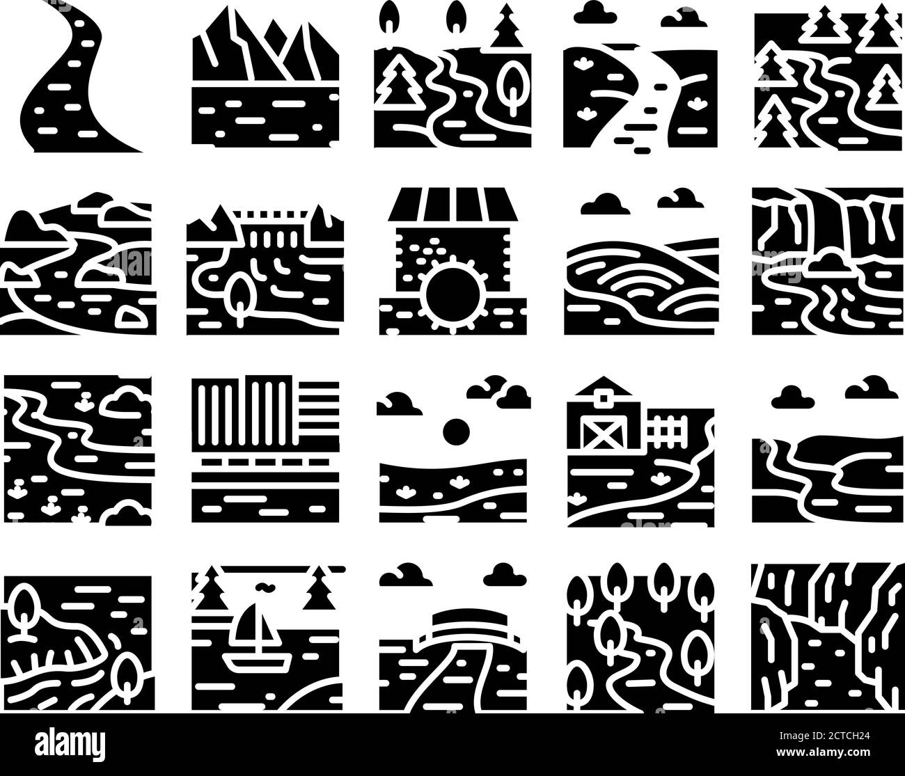 Vecteur de jeu de glyphes de paysage de rivière Illustration de Vecteur