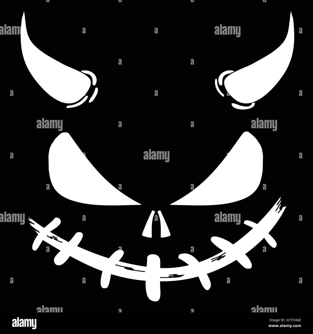 Créepy Abstract Diable visage Silhouette avec des cornes en blanc sur Arrière-plan noir Illustration de Vecteur