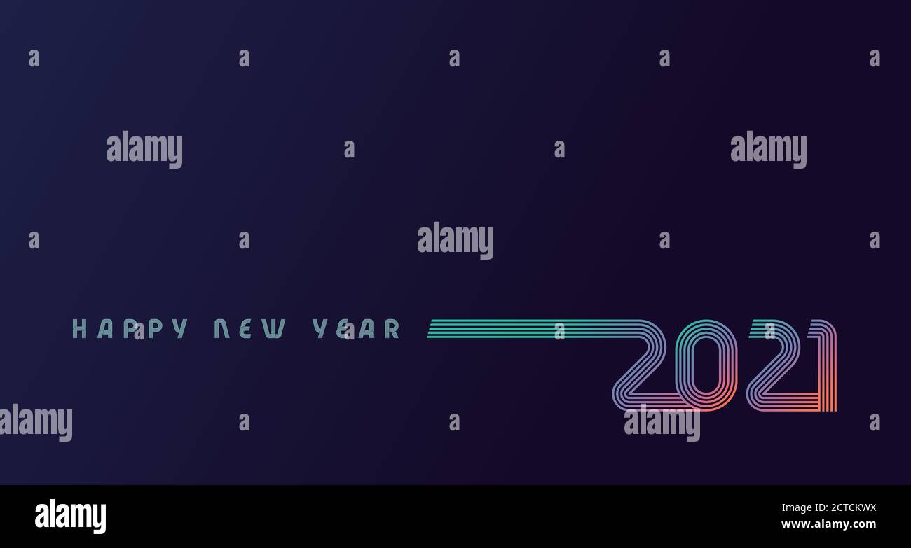 Happy New Year 2021 lignes colorées multicolores brillant sur fond bleu foncé. Concept de signe de nombres numériques vectoriels réalistes sur violet Illustration de Vecteur