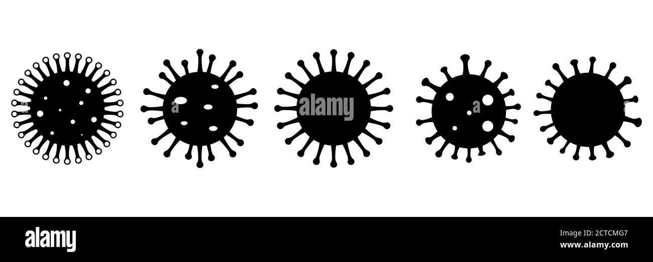 Ensemble d'icônes noires dans le style plat bactéries coronavirus. Isolé sur fond blanc. Pandémie chinoise. Infection cellulaire dangereuse. Signes et symboles Illustration de Vecteur