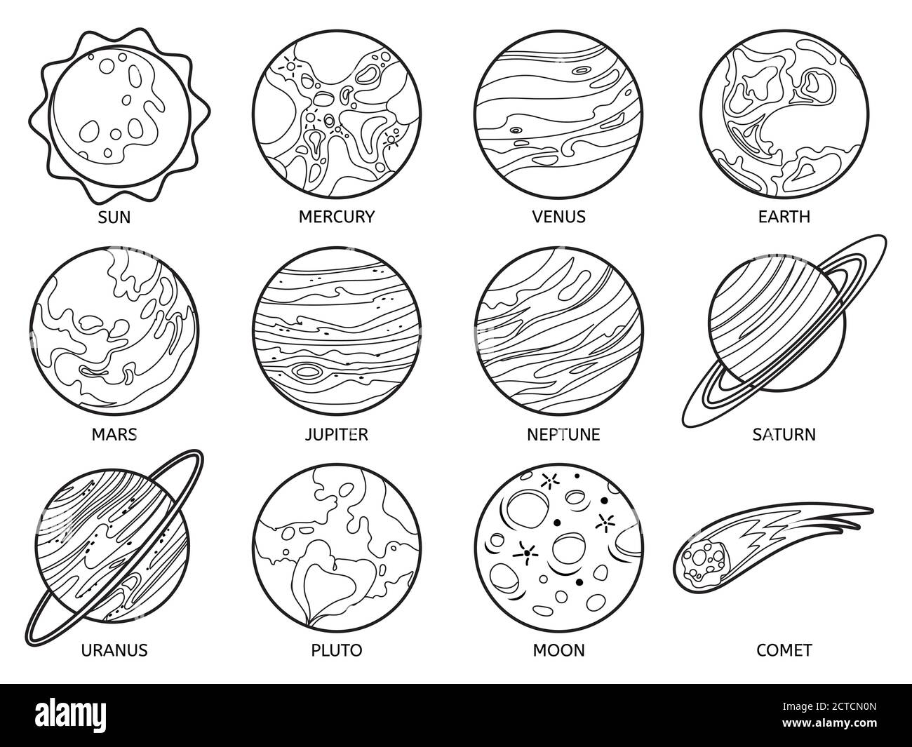 Planètes pour livre de couleurs. Système solaire Terre, Soleil et neptune, jupiter et pluton, vénus et mars, saturne et Lune, uranus et ensemble de vecteurs comètes. Sp. Externe Illustration de Vecteur