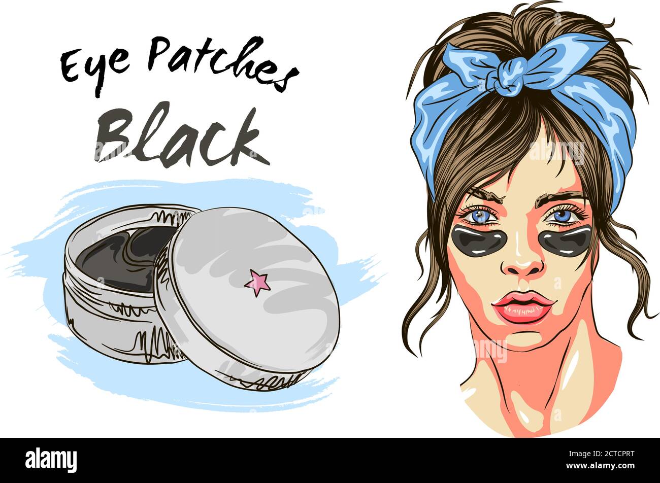 Femme avec patch pour les yeux. Soins de beauté. Soin de la peau. Belle jeune femme visage avec une serviette blanche sur sa tête. Esquisse de femme de mode. Spa beauté c Illustration de Vecteur