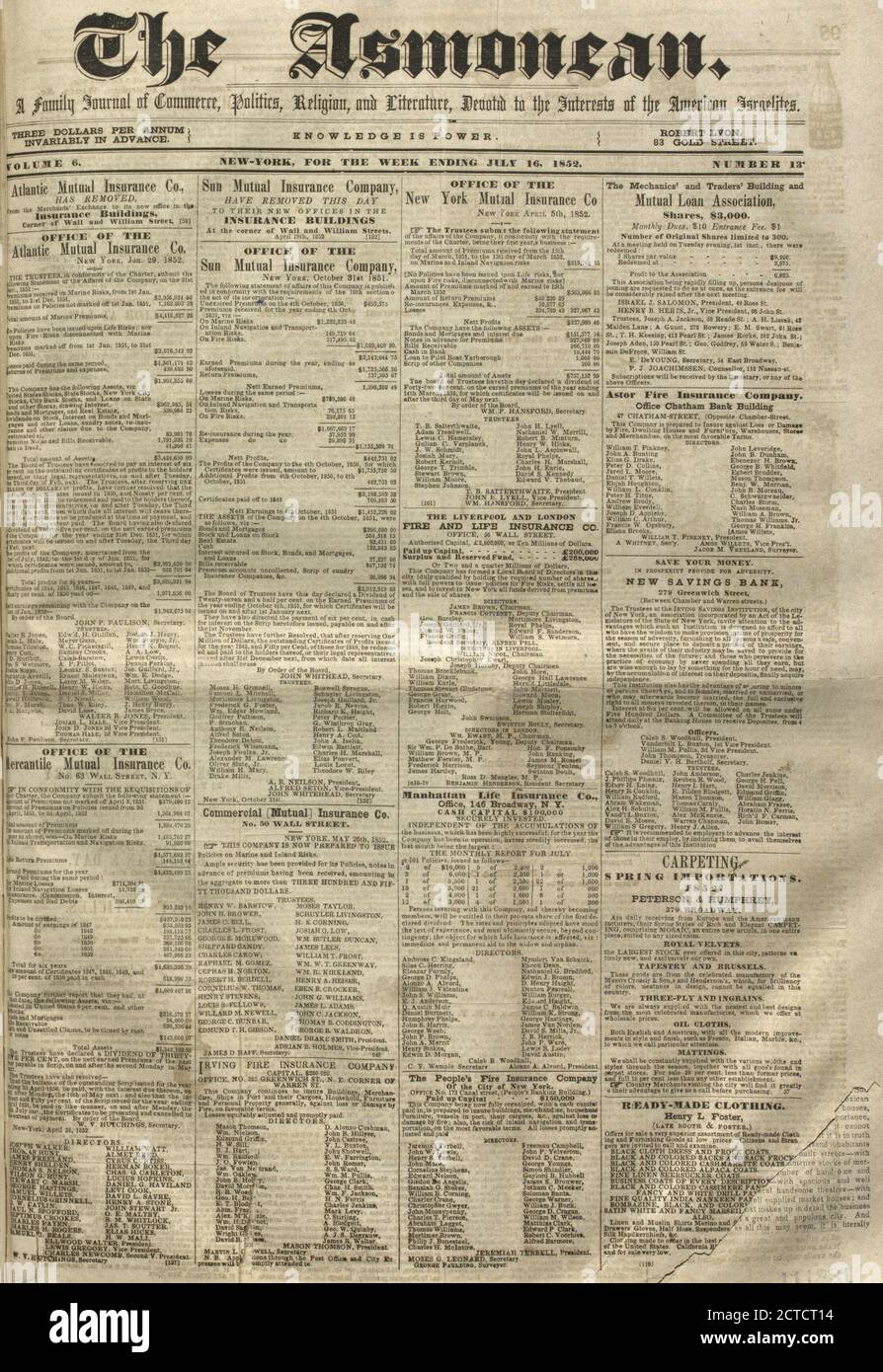 The Asmonean, texte, journaux, 1852-07-16, Lyon, Robert, 1810-1858 Banque D'Images