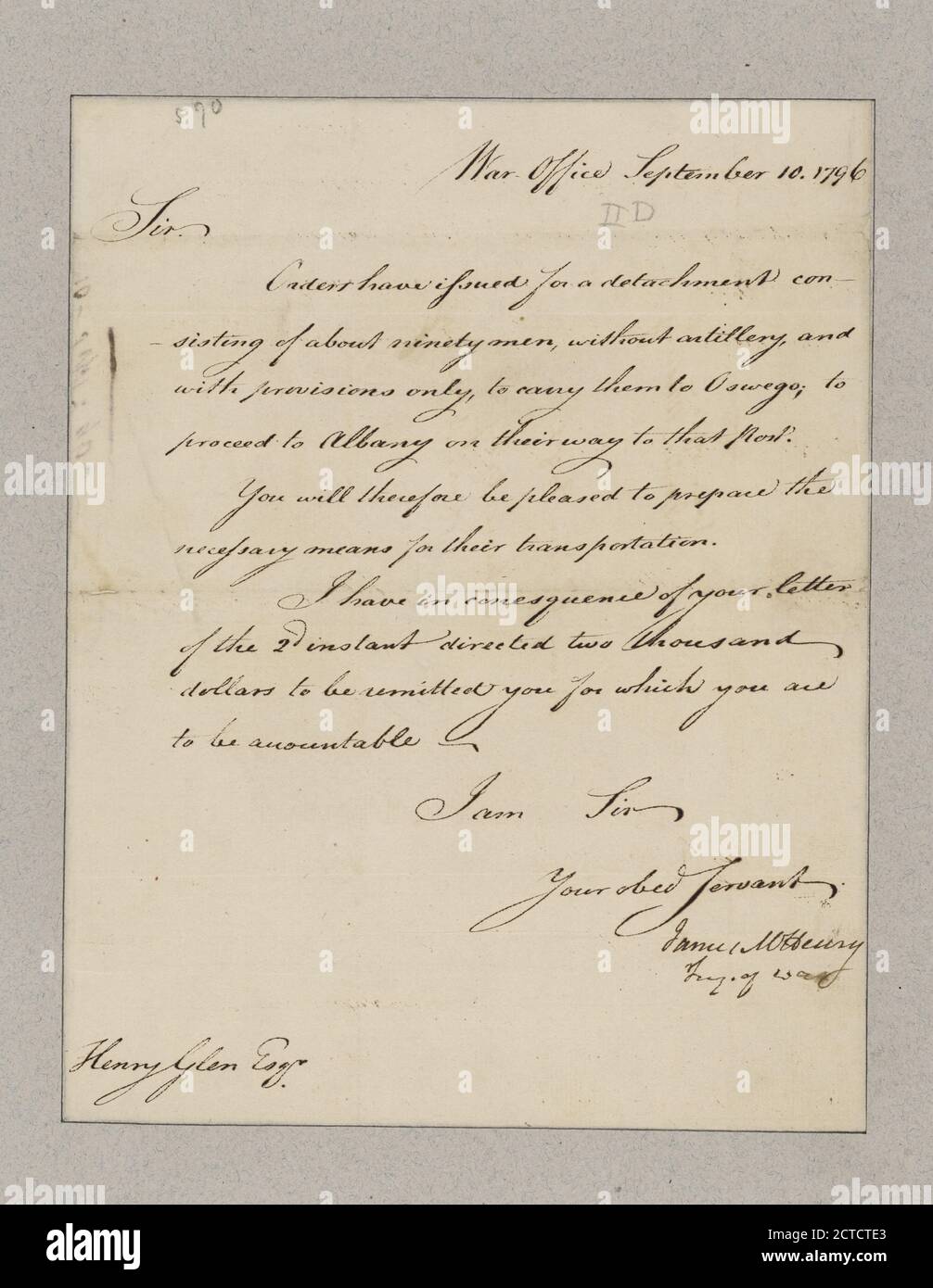 McHenry, James. Bureau de guerre. À Henry Glen, texte, documents, 1796 Banque D'Images