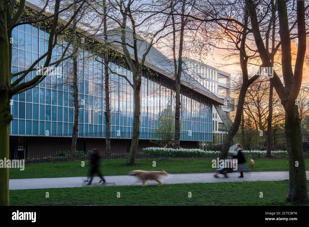 The Design Museum, Londres, extérieur au crépuscule, ciel au coucher du soleil, panneaux de verre en altitude, chemin avec les gens. Banque D'Images