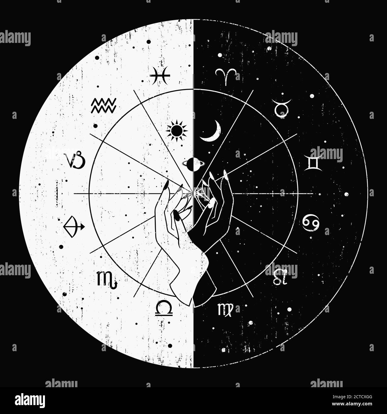 Concept d'illustration ésotérique, mains sorcières ou sorcières faisant des tours occultes avec des signes célestes. Conception en deux parties, jour et nuit avec le soleil, la lune et plan Banque D'Images