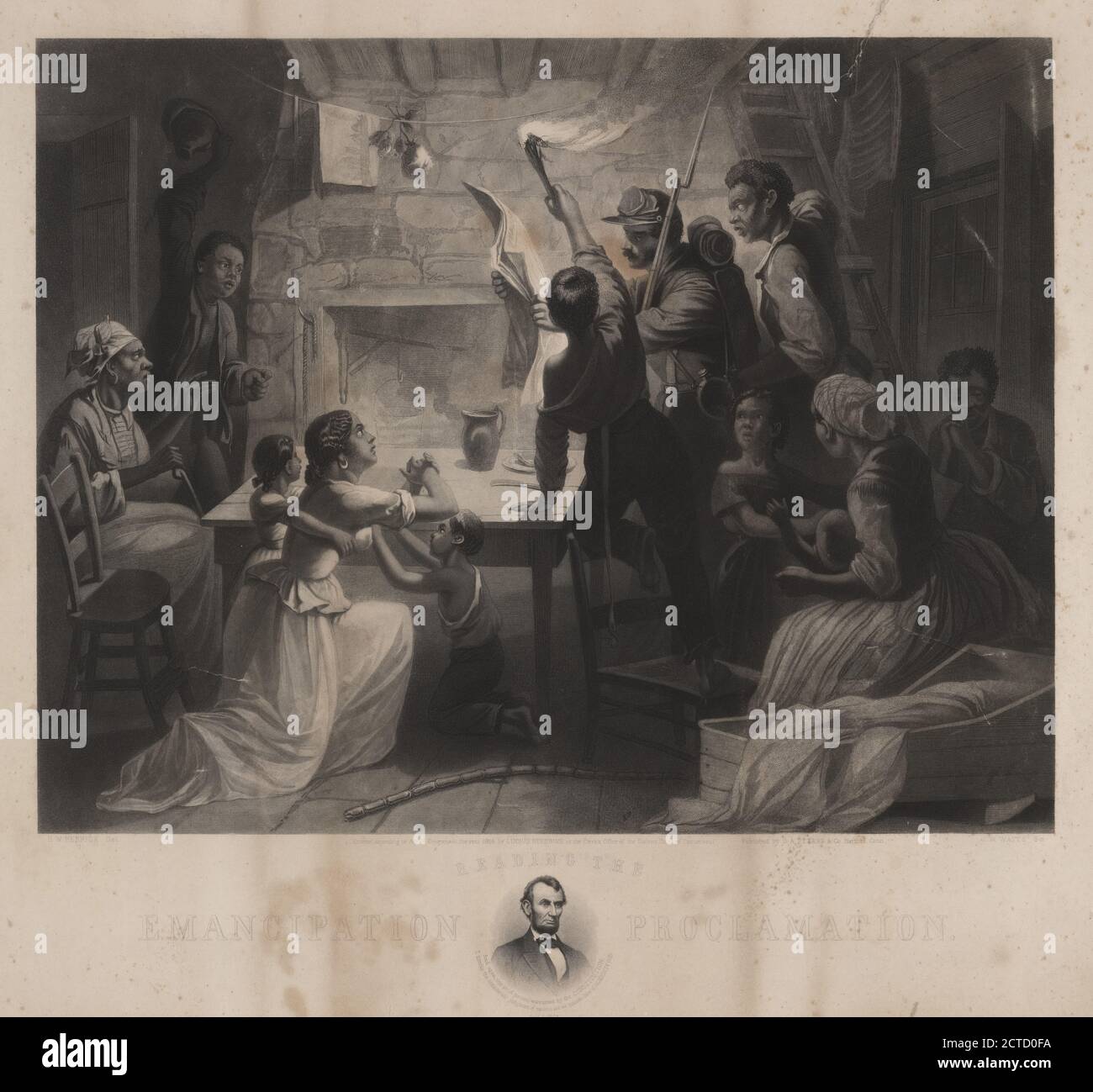 Lecture de la Proclamation d'émancipation, image fixe, estampes, 1864, Watts, James W., -1895 Banque D'Images