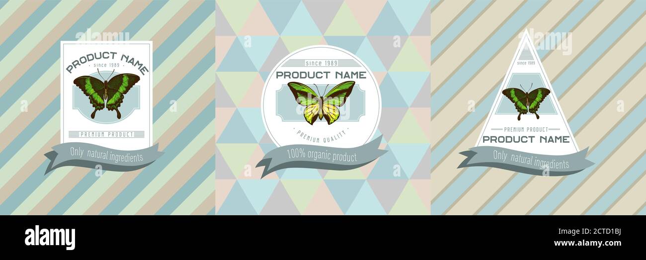 Trois étiquettes de couleur avec illustration de la queue d'allowtail émeraude, papillon de queue d'allowtail Illustration de Vecteur