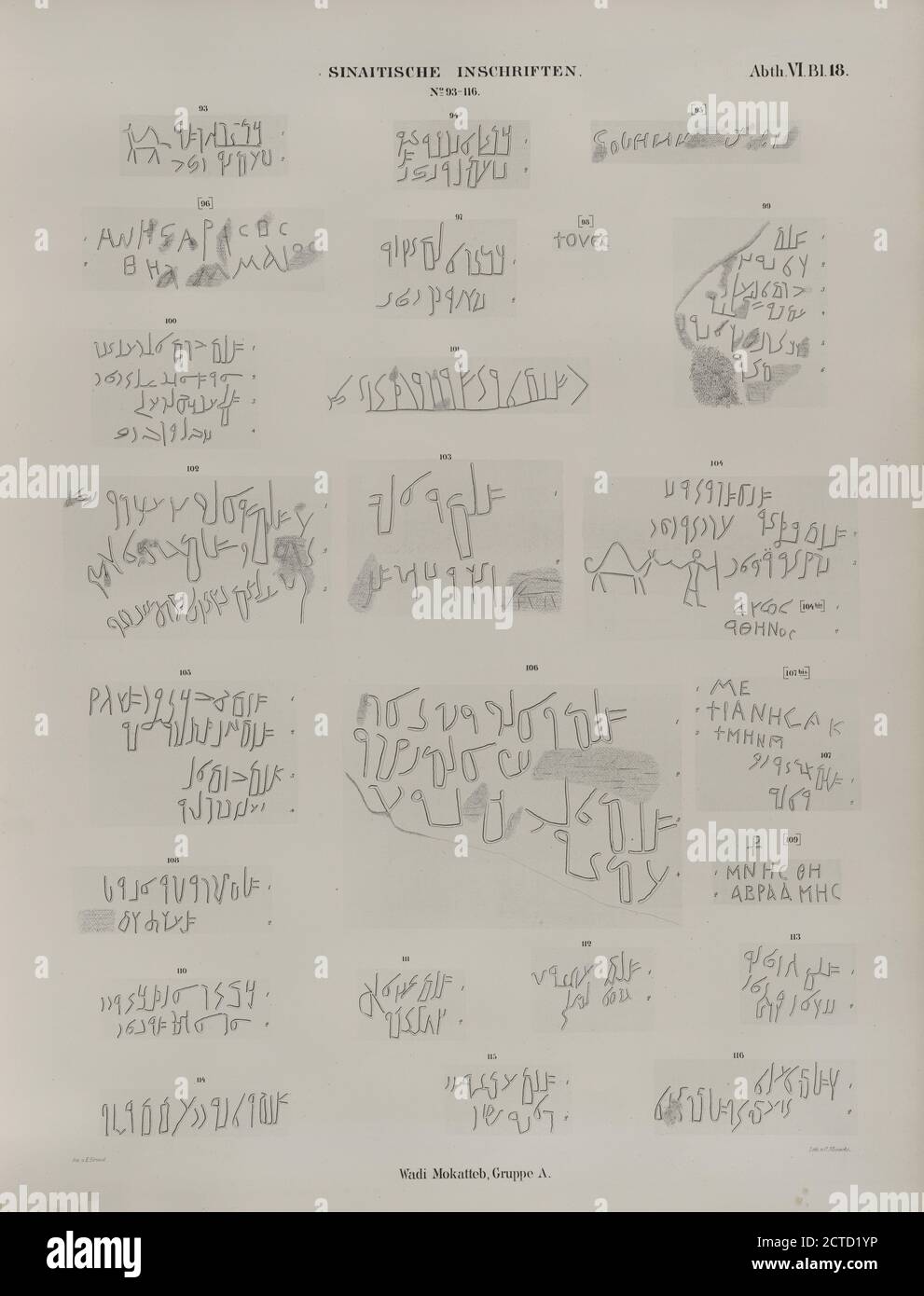 Sinaitische Inschriften No 93-116. Wadi Mokatteb, Gruppe A., image fixe, estampes, 1849 - 1856, Lepsius, Richard, 1810-1884, Eirund, E., Monecke, C. Banque D'Images