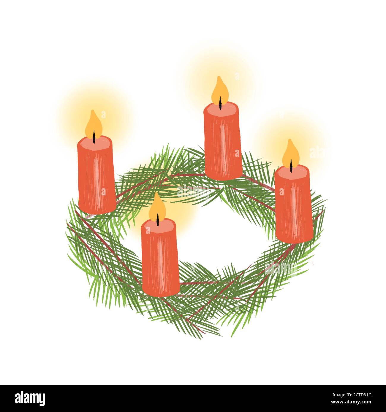 Quatre bougies de l'Avent sur la couronne de Noël. Illustration de vacances  dessinées à la main Photo Stock - Alamy