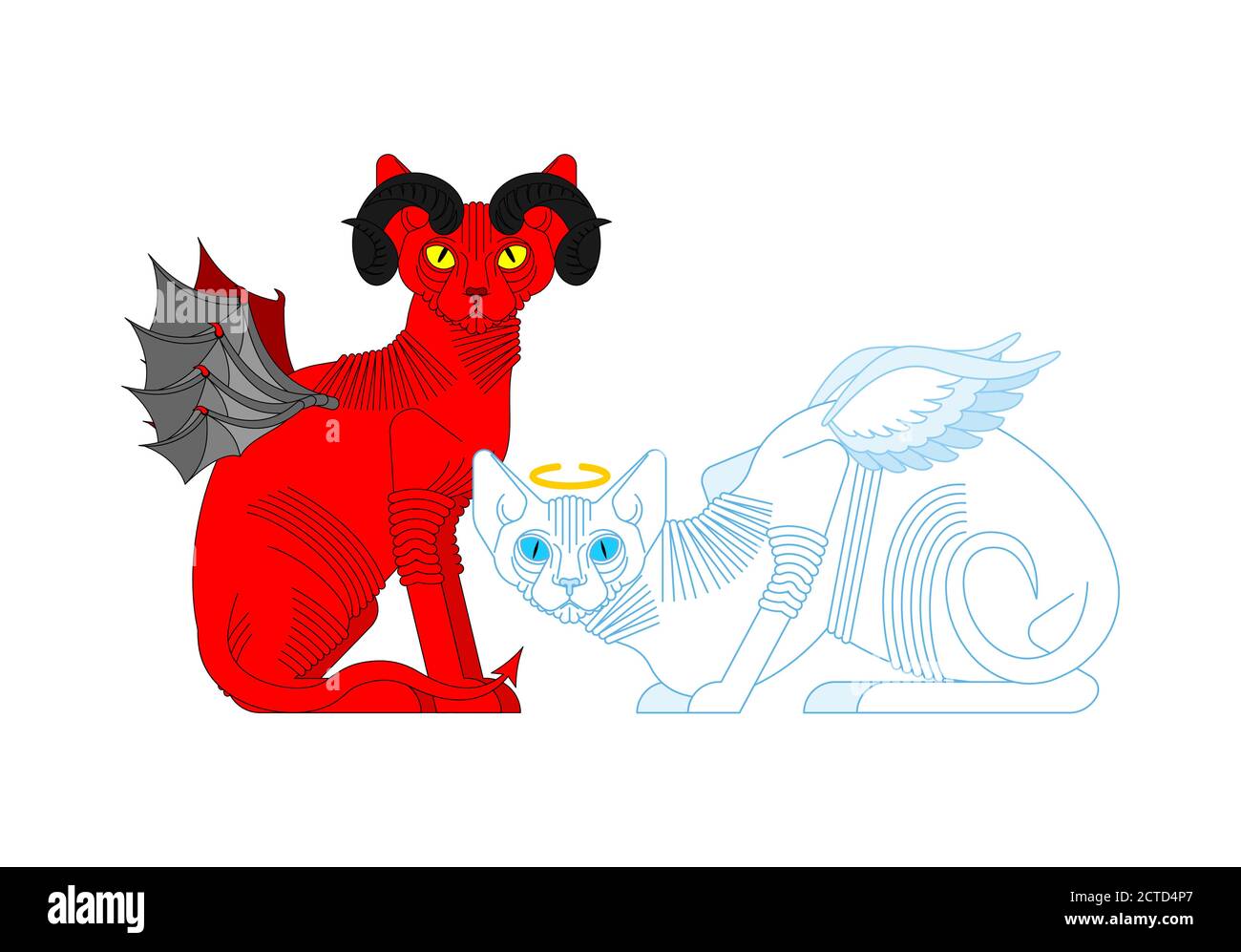 Ange et démon Cat. Chat rouge avec cornes de diable. Animal de compagnie blanc avec ailes et halo Illustration de Vecteur