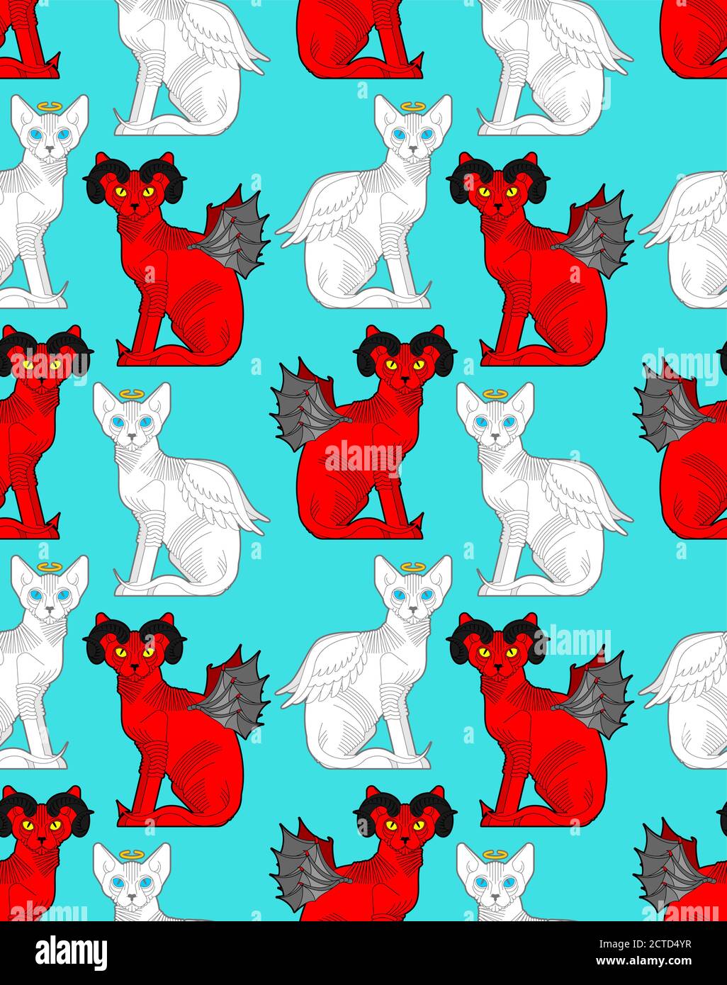 Motif d'ange et de démon de Cat sans couture. Chat rouge avec des cornes de diable en arrière-plan. Animal de compagnie blanc avec ailes et texture halo Illustration de Vecteur
