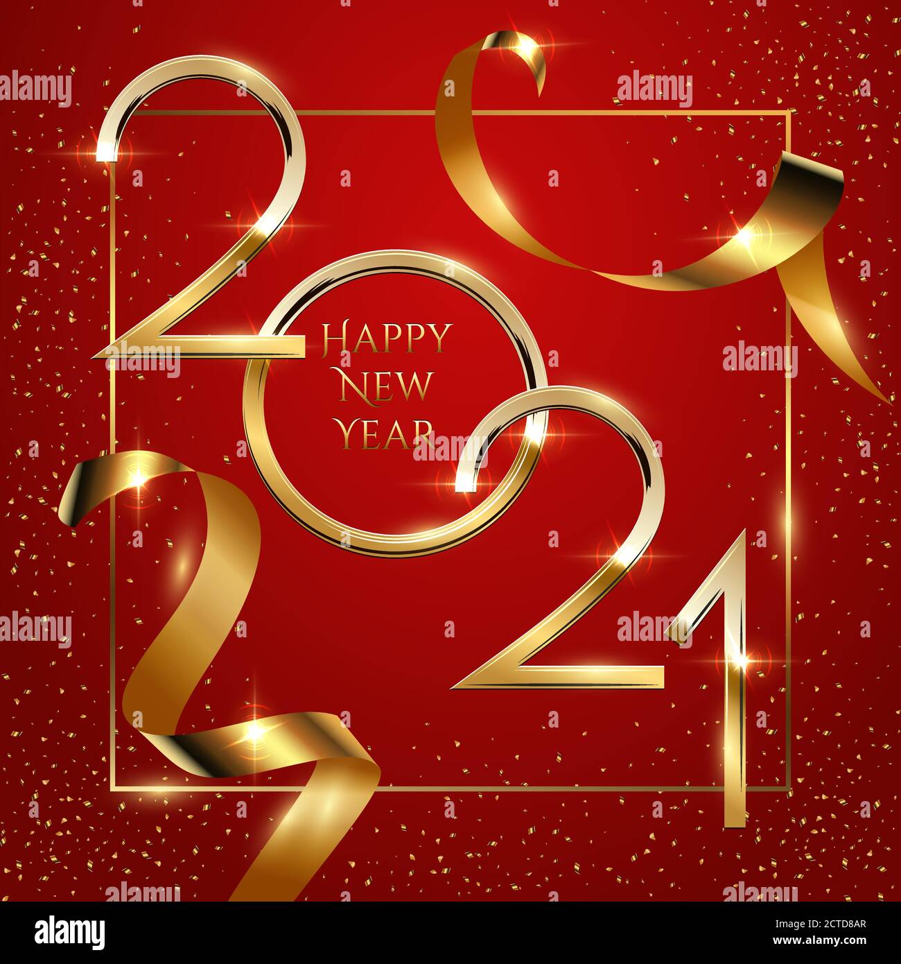 Modèle de vecteur de carte de vœux de bonne année. Bannière de Noël sur les réseaux sociaux avec Félicitations. Nombre Golden 2021 dans le cadre avec Illustration de Vecteur