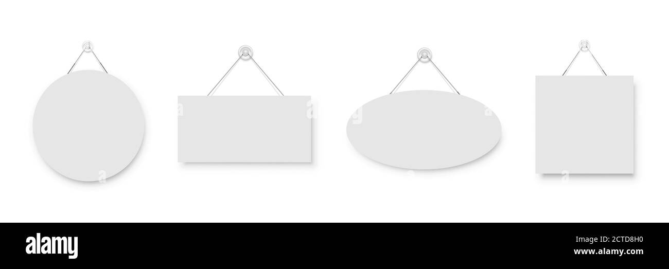 Panneaux blancs blancs vierges réalistes pendus sur la ventouse. Modèles de cadres ronds, rectangulaires, ovales et carrés suspendus au mur. Maquette d'étiquettes de prix Illustration de Vecteur