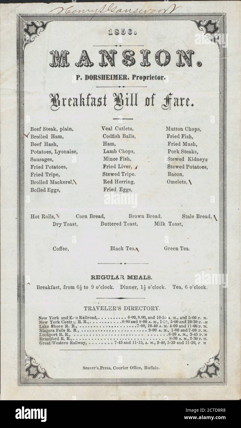 PETIT DÉJEUNER QUOTIDIEN tenu par MANSION à 'BUFFALO, NY' (CAFÉ-RESTAURANT), image fixe, menus, 1851 - 1859 Banque D'Images