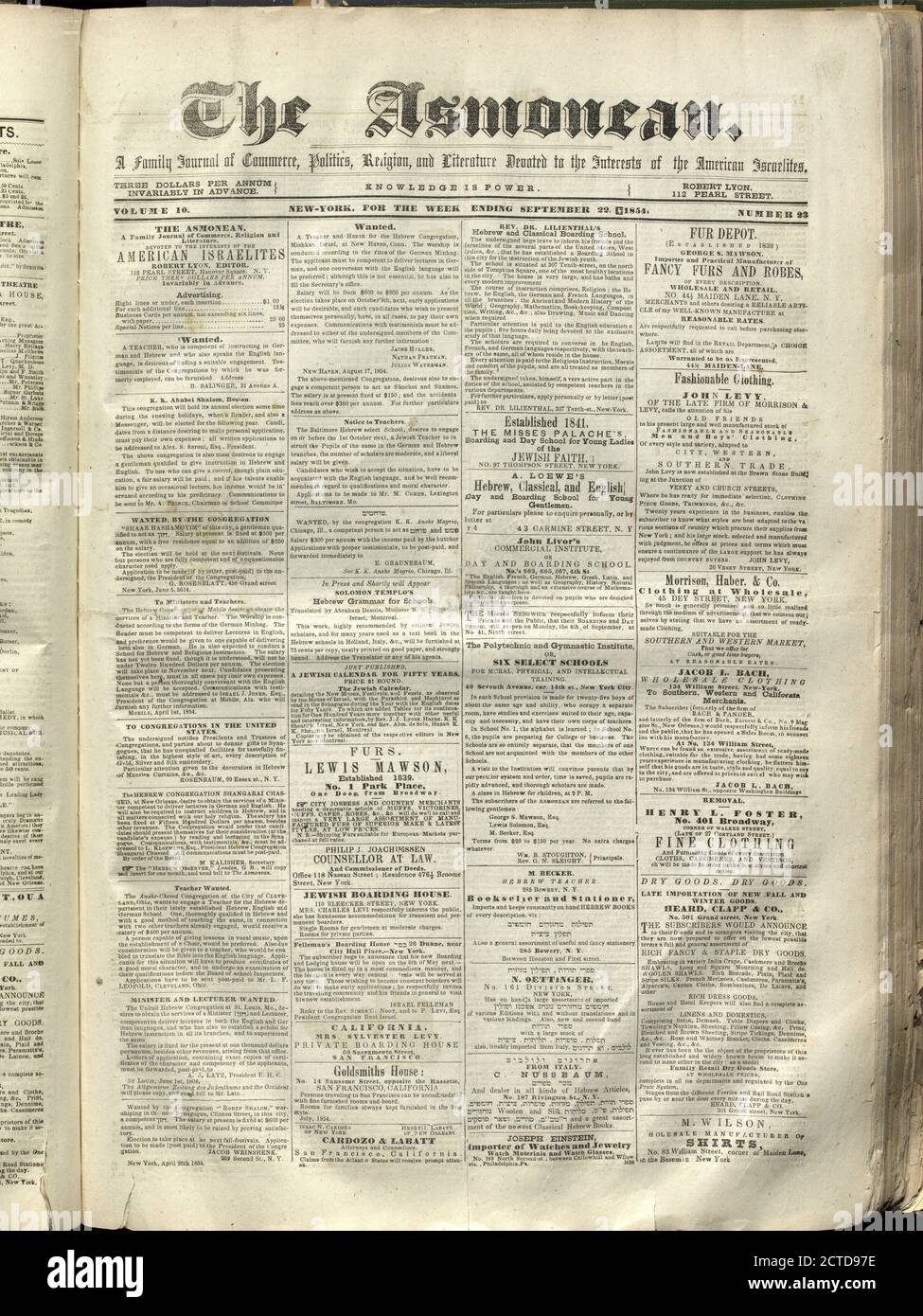 The Asmonean, texte, journaux, 1854-09-22, Lyon, Robert, 1810-1858 Banque D'Images