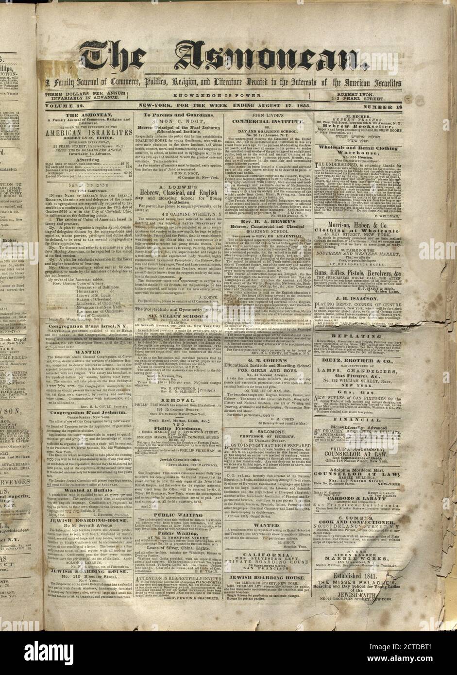 The Asmonean, texte, journaux, 1855-08-17, Lyon, Robert, 1810-1858 Banque D'Images