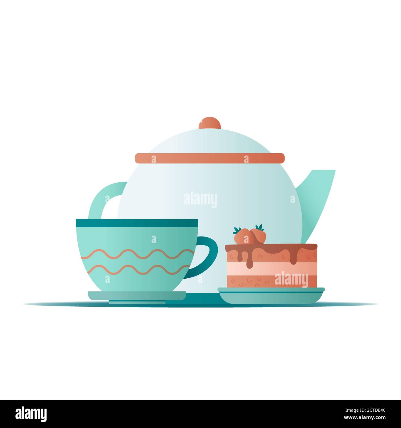 Théière et tasse à thé avec illustration plate et gâteau aux fraises sur fond blanc pour un design conceptuel. Illustration vectorielle Illustration de Vecteur