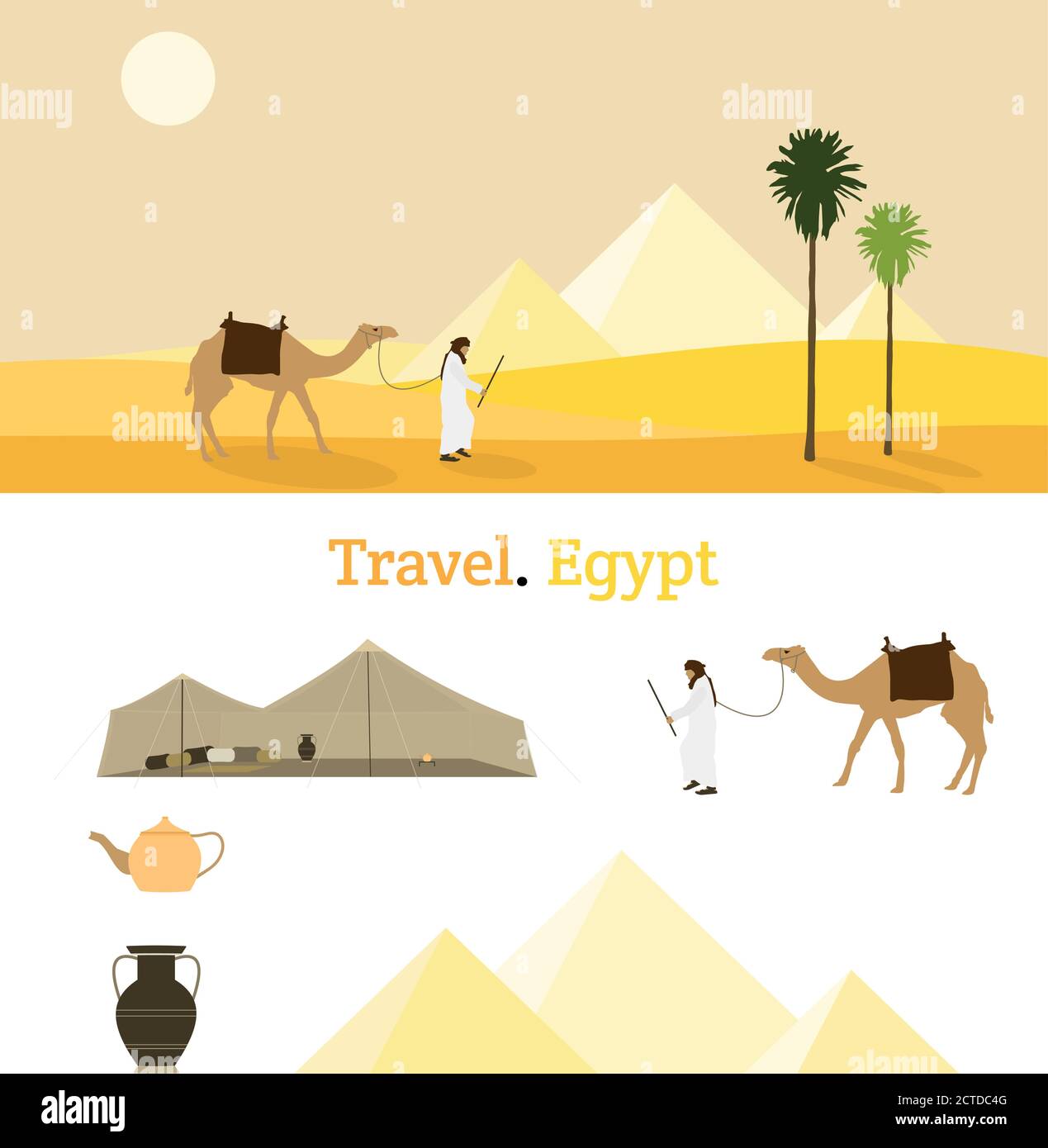 Voyage Égypte. Un bédouin et son chameau dans un paysage désertique jaune avec des pyramides en arrière-plan Illustration de Vecteur