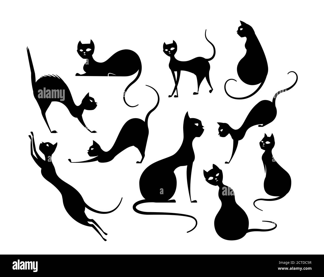 Ensemble de pose de chat noir mystique et élégant, chatte effrayant dans la pose différente Illustration de Vecteur