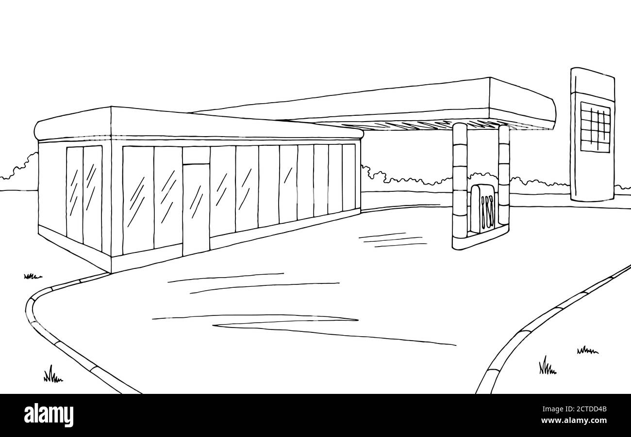Station-service graphique noir blanc esquisse illustration vecteur Illustration de Vecteur
