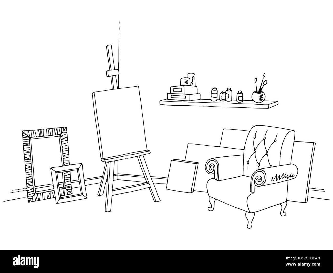 Art workshop graphique noir blanc intérieur esquisse illustration vecteur Illustration de Vecteur