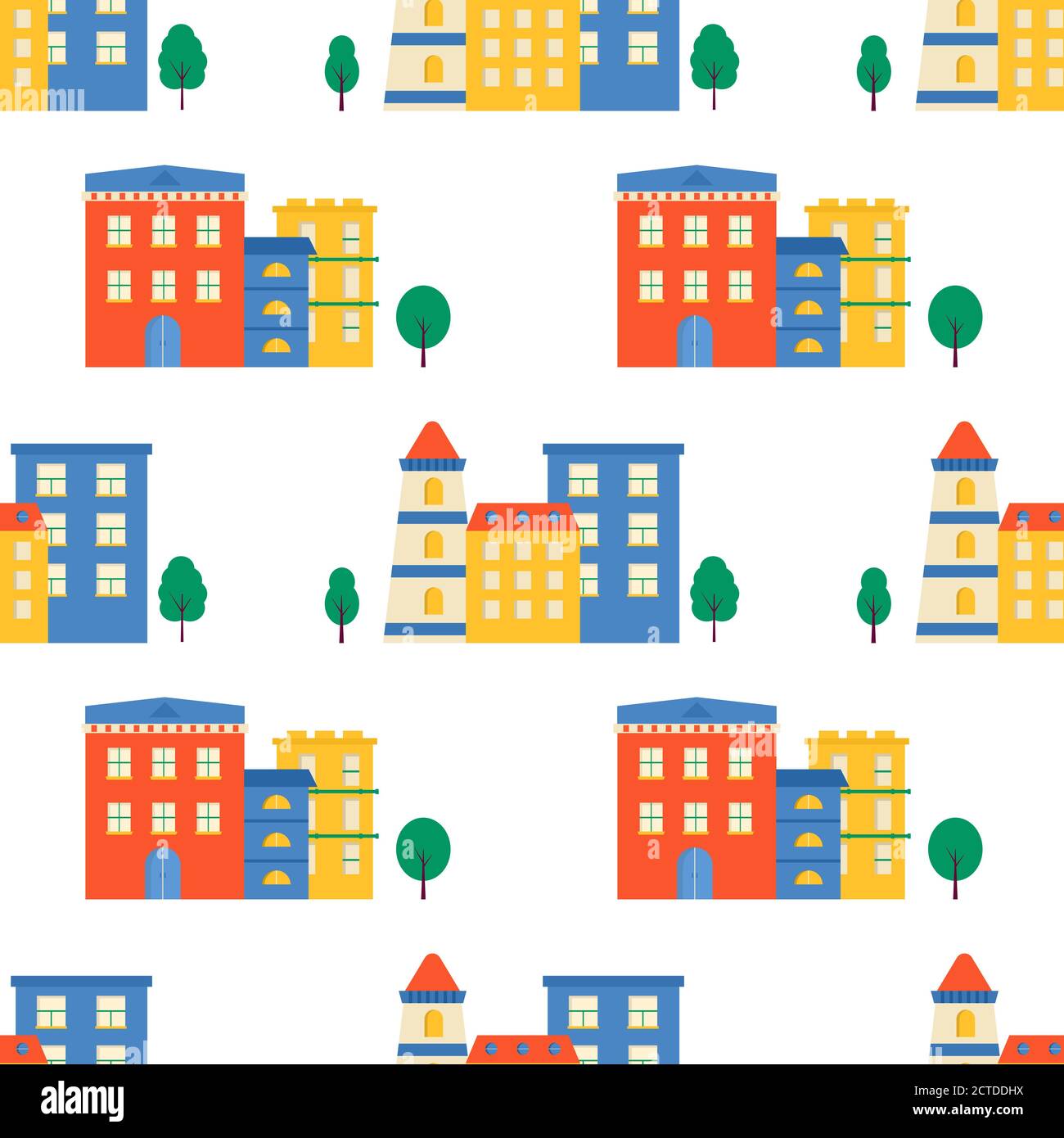 Maisons et rues à motifs sans couture, toits de bâtiments. Joli paysage urbain coloré pour enfant en tissu, papier d'emballage, motif textile. Vecteur ba Illustration de Vecteur