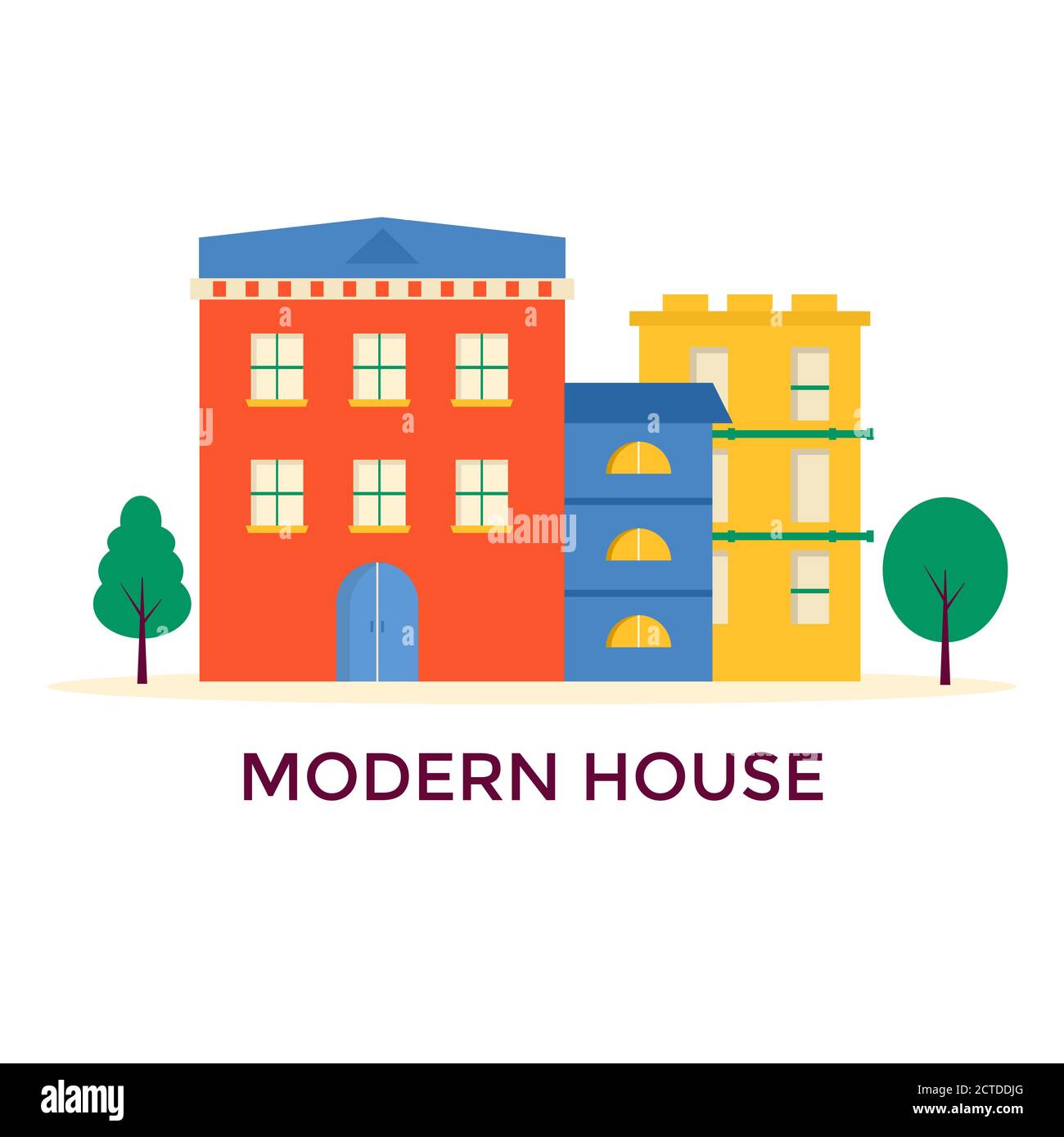 Petites maisons modernes façade avec fenêtre, garage, balcon et toit. Extérieur du bâtiment appartement avec arbres. Illustration vectorielle du paysage urbain. Bac simple Illustration de Vecteur