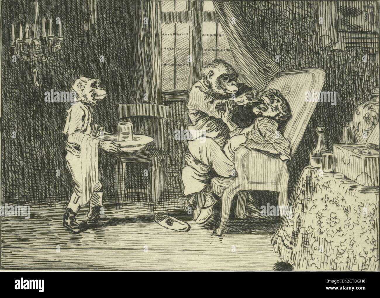 Le dentiste, scène de singes (planche publique)., image fixe, estampes, 1870 - 1870, Decamps, Alexandre-Gabriel (1803-1860 Banque D'Images