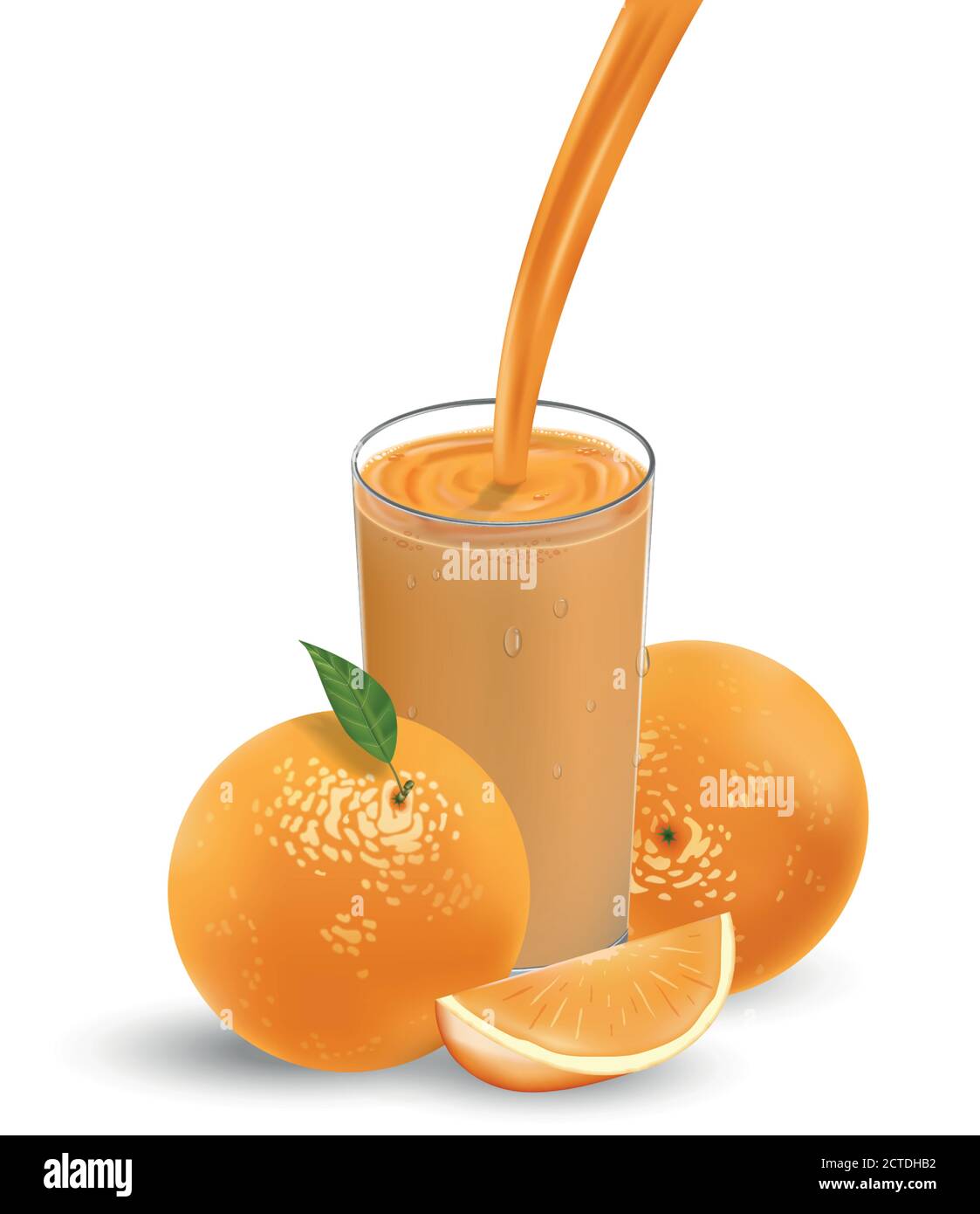 Fruits frais à l'orange avec feuilles de gréan. Jus d'orange avec éclaboussure isolée sur blanc. Illustration 3d Vector pour votre conception Illustration de Vecteur