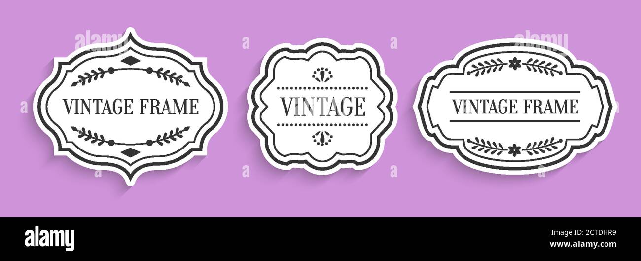 Ensemble rétro de étiquettes blanches format papier avec ombre. Forme différente bordure vide étiquette menu prix de vente avec éléments décoratifs. Modèle d'emballage pour bannière textuelle, autocollant. Illustration vectorielle isolée Illustration de Vecteur