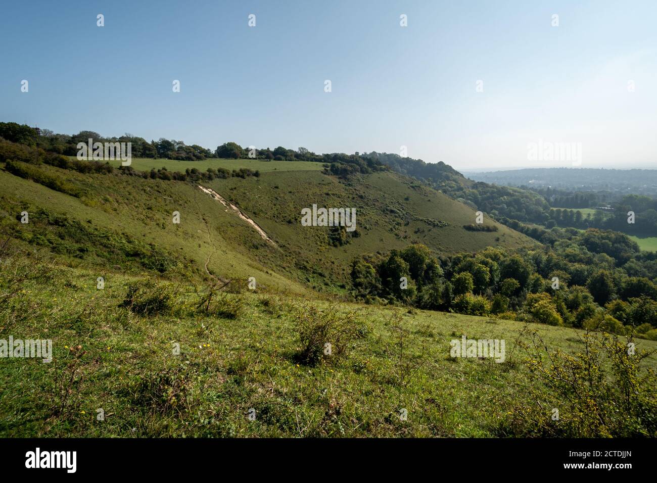 Vue sur le paysage depuis Colley Hill dans la région de Surrey Hills d'une beauté naturelle exceptionnelle en septembre, au Royaume-Uni Banque D'Images