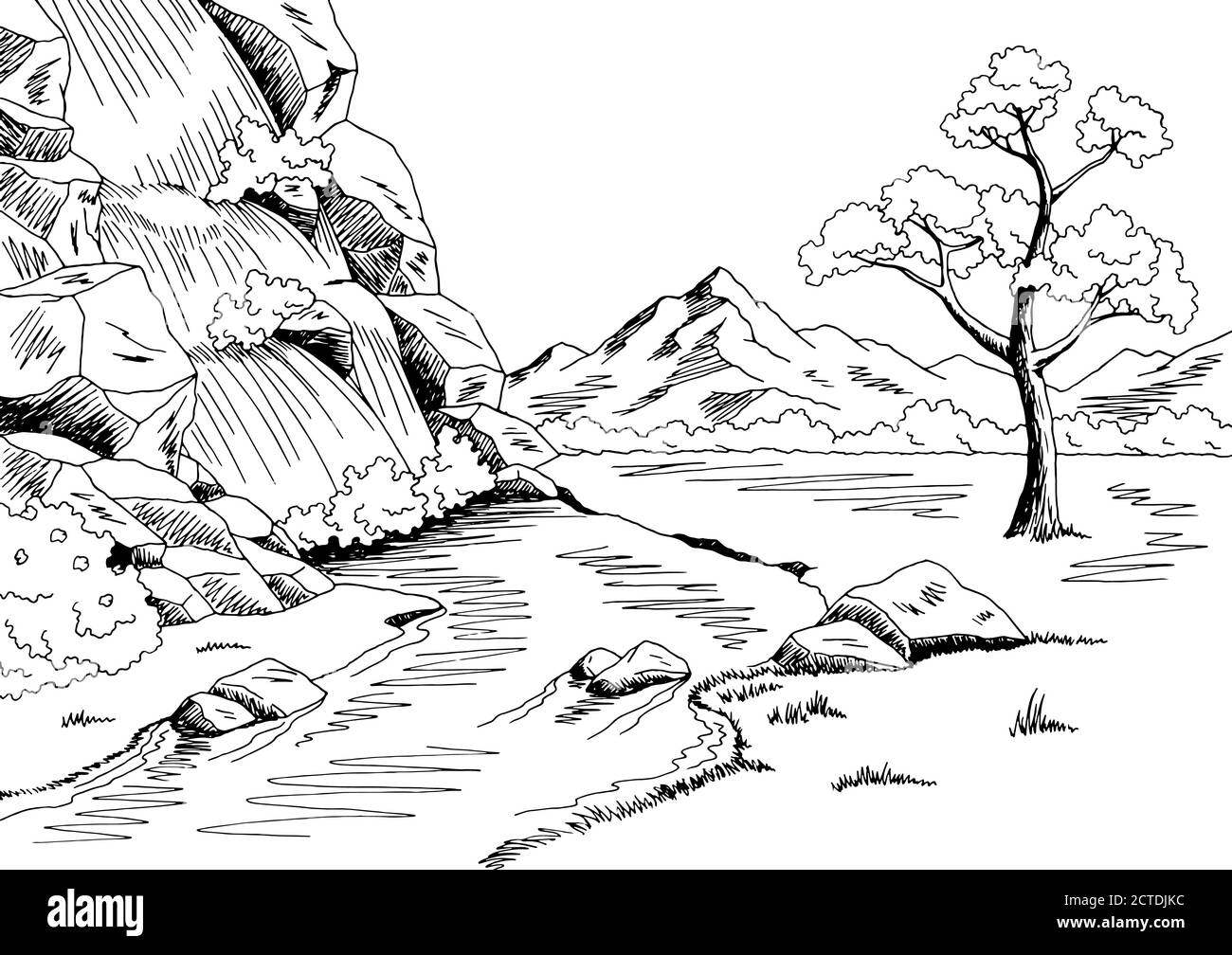 Motif cascade noir blanc paysage dessin vecteur d'illustration Illustration de Vecteur
