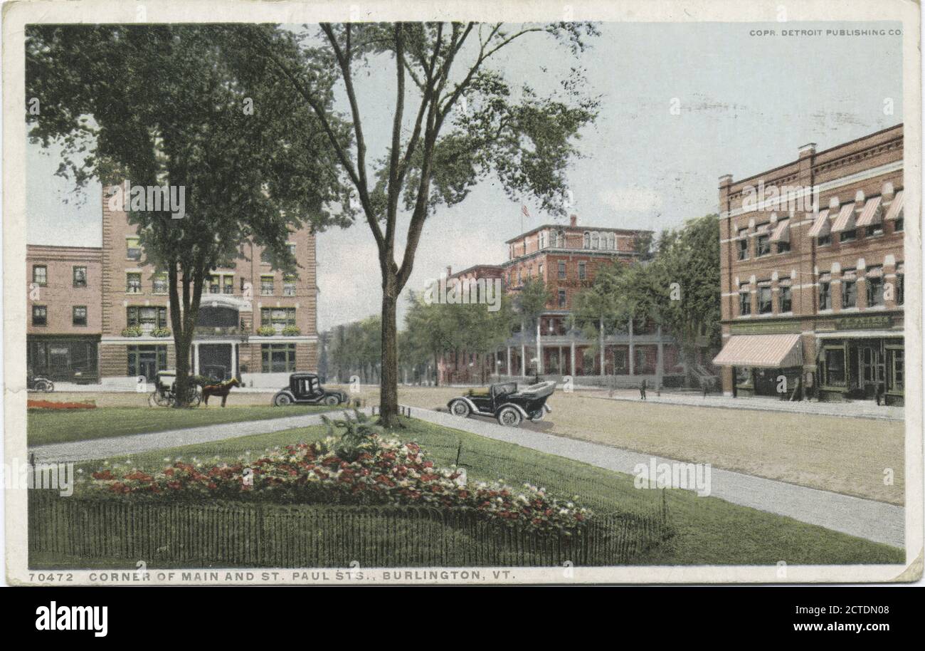 Coin de la rue main et de la rue St. Pauls, Burlington, Vt., image fixe, cartes postales, 1898 - 1931 Banque D'Images