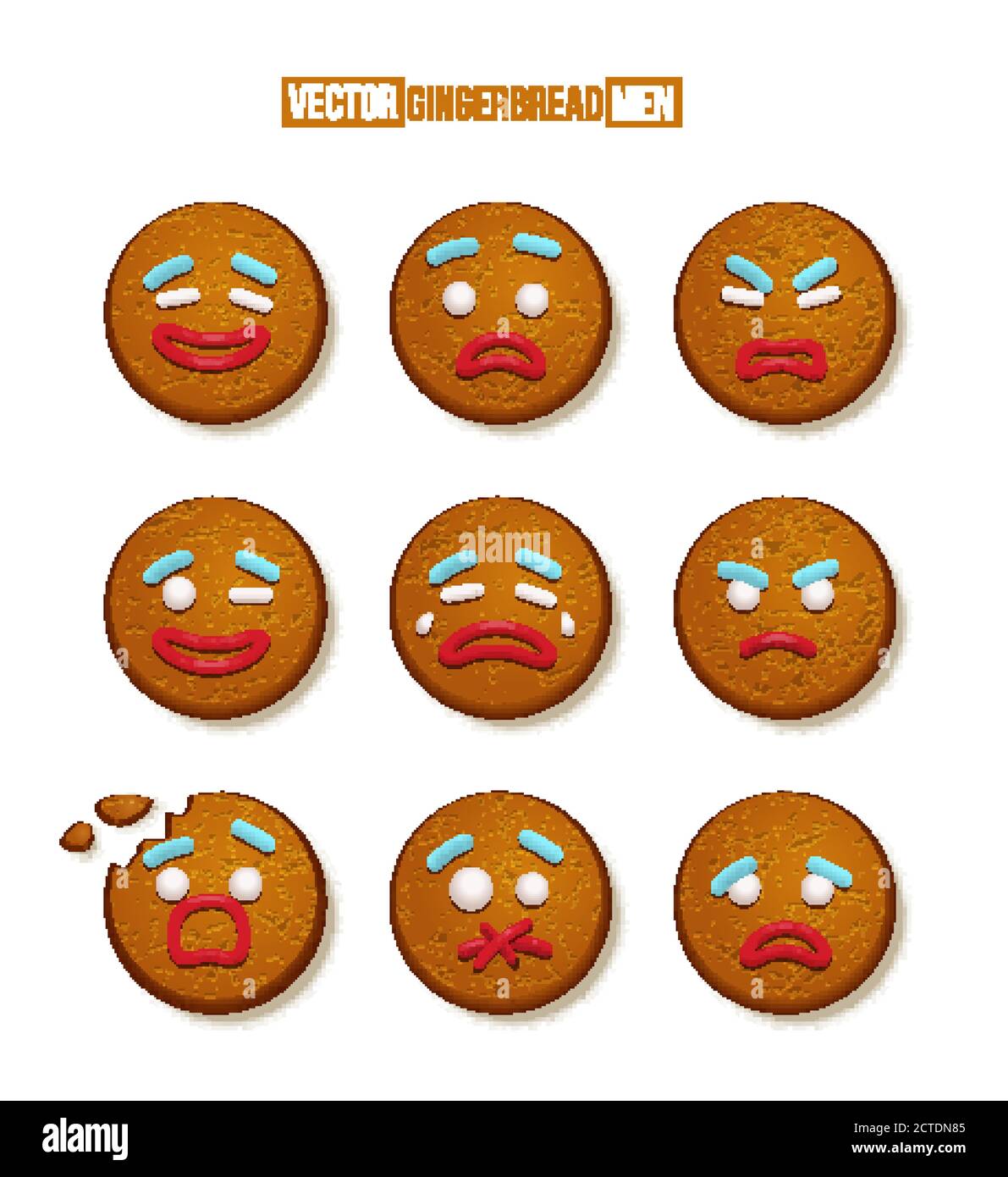 Biscuits d'homme de pain d'épice visages avec différentes émotions ensemble. Noël décoration de Noël illustration vectorielle. Heureux, gai, mignon, triste, en colère, drôle Illustration de Vecteur