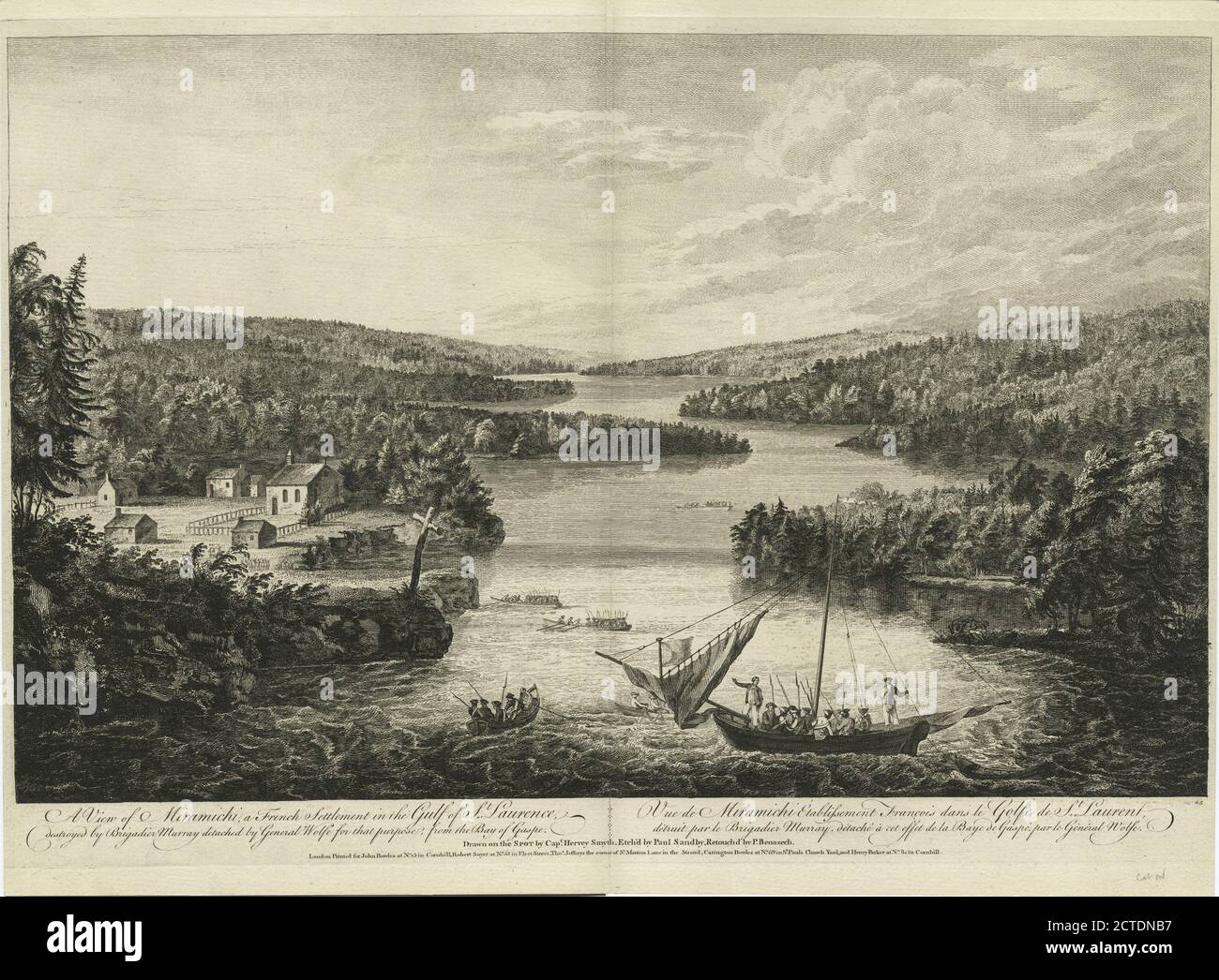 Une vue de Miramichi, une colonie française dans le golfe de Saint-Laurent, détruite par le brigadier Murray détaché par le général Wolfe à cette fin, de la baie de Gaspe., image fixe, estampes, 1777 - 1890 Banque D'Images