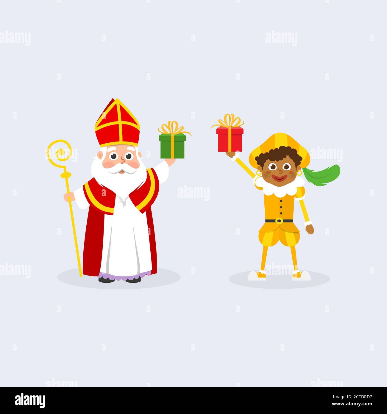 Sinterklaas ou Saint Nicolas et enfant avec des cadeaux célèbrent les vacances - caractères traditionnels néerlandais Illustration de Vecteur