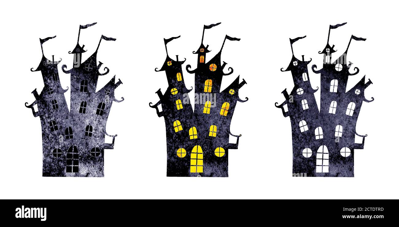 Halloween silhouettes ensemble de trois aquarelles bleu marine foncé châteaux terribles noirs isolés sur fond blanc. Halloween nuit concept forêt desig Illustration de Vecteur