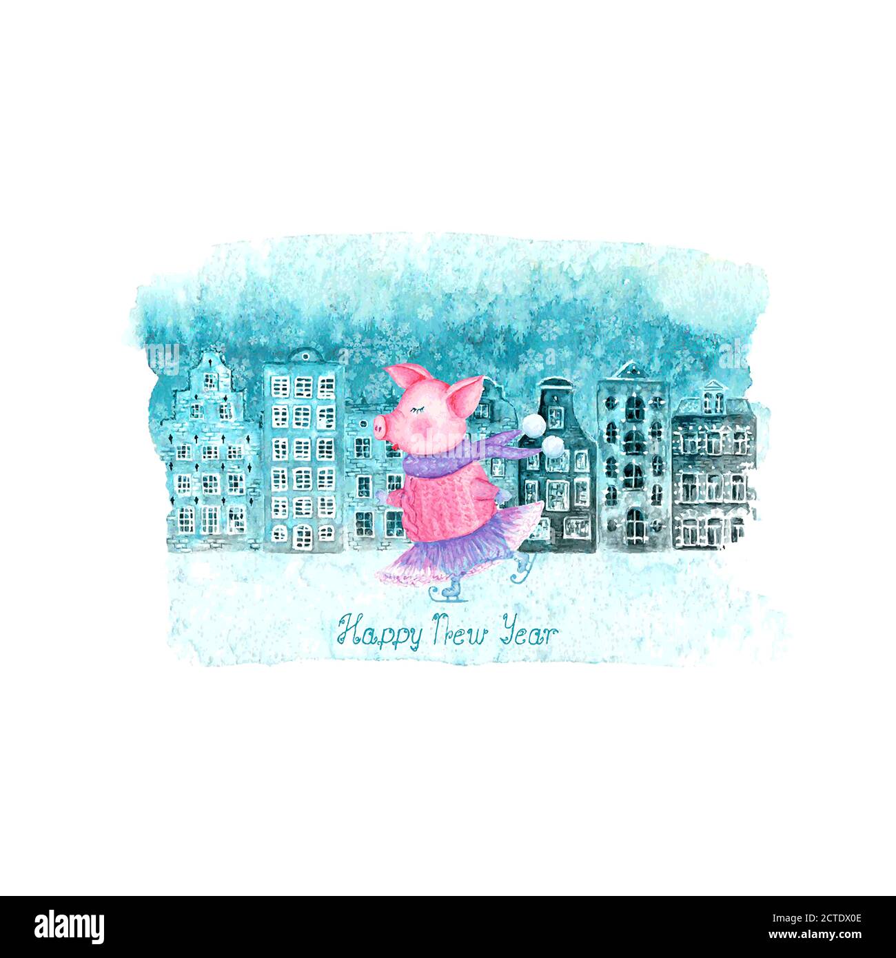 Bonne année et illustration de Noël avec l'hiver aquarelle dessiné à la main de vieilles maisons européennes, neige et cochon de patinage sur bleu teal tache isolée sur W Illustration de Vecteur