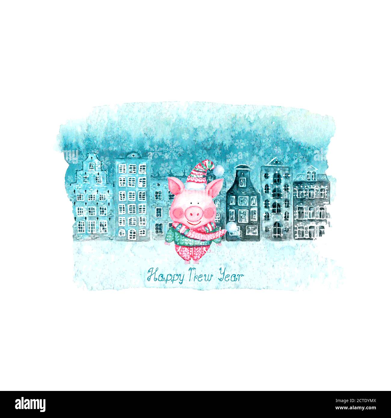 Bonne année et illustration de Noël avec l'hiver aquarelle dessiné à la main de vieilles maisons européennes, neige et cochon drôle sur bleu teal tache isolée sur whi Illustration de Vecteur