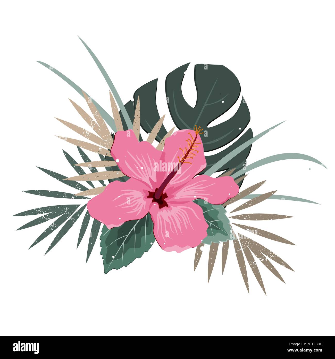 Composition de bouquet avec fleur d'hibiscus rose et feuilles de palmier, illustration vectorielle plate. Plantes exotiques tropicales d'Hawaï isolées sur blanc, pastel Illustration de Vecteur