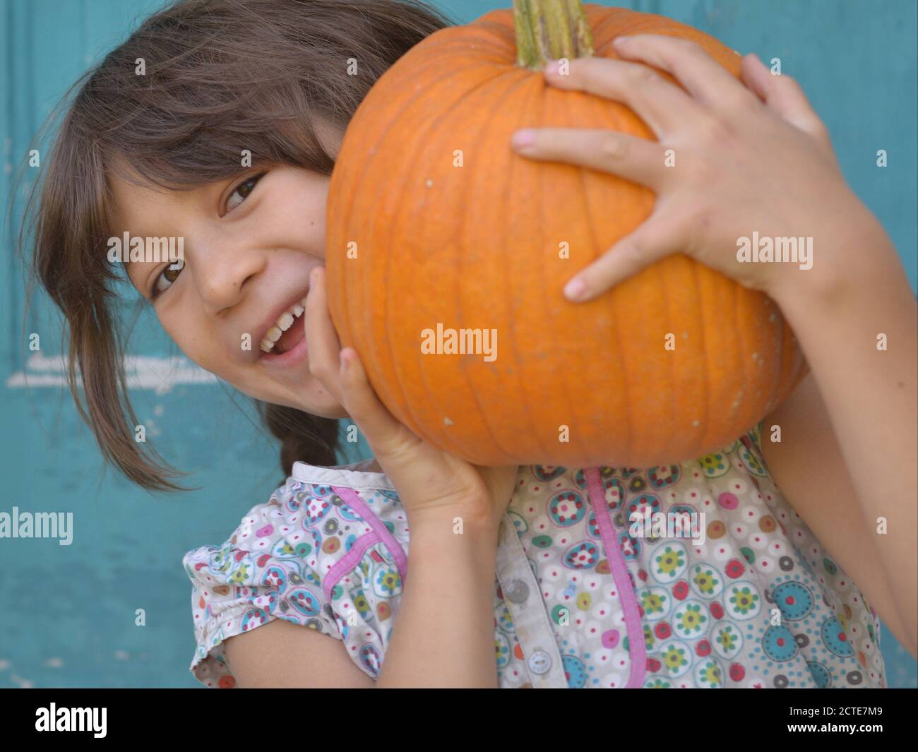 Petite fille canadienne de race mixte (caucasienne et asiatique du Sud-est) tient une grosse citrouille avec les deux mains et sourires à l'appareil photo. Banque D'Images