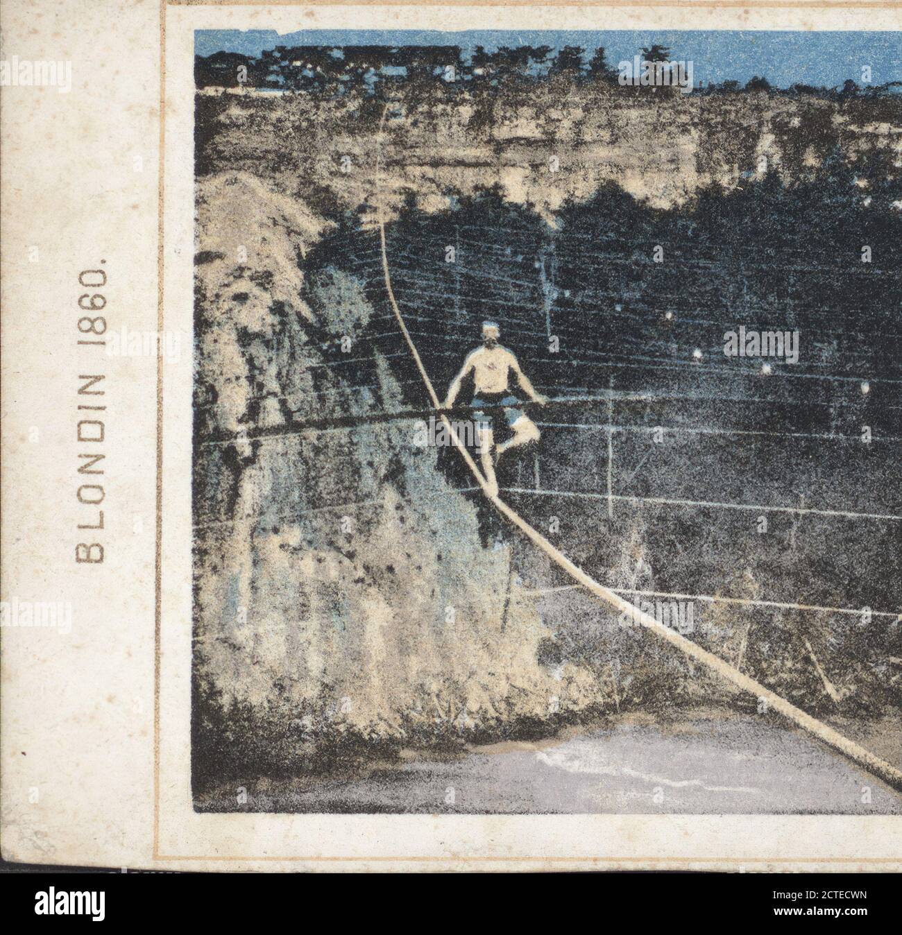 Blondin 1860. L'artiste de la corde raide 'Blondin' traverse la rivière., Blondin, 1824-1897, New York (État), Niagara Falls (N.Y. et ont Banque D'Images
