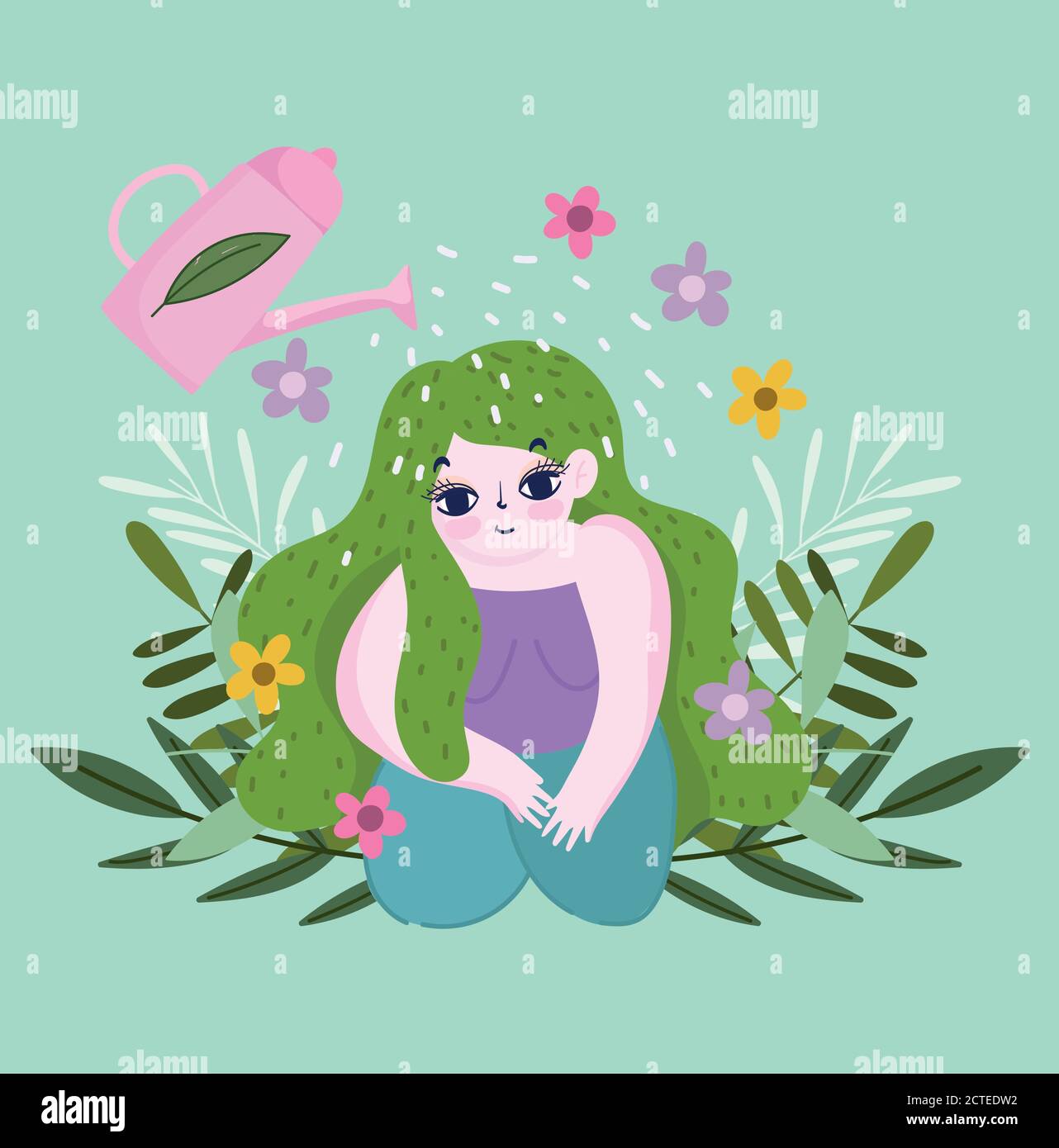 jardin heureux, arrosoir peut verser de l'eau sur la fille avec des plantes et illustration de vecteur de fleur Illustration de Vecteur