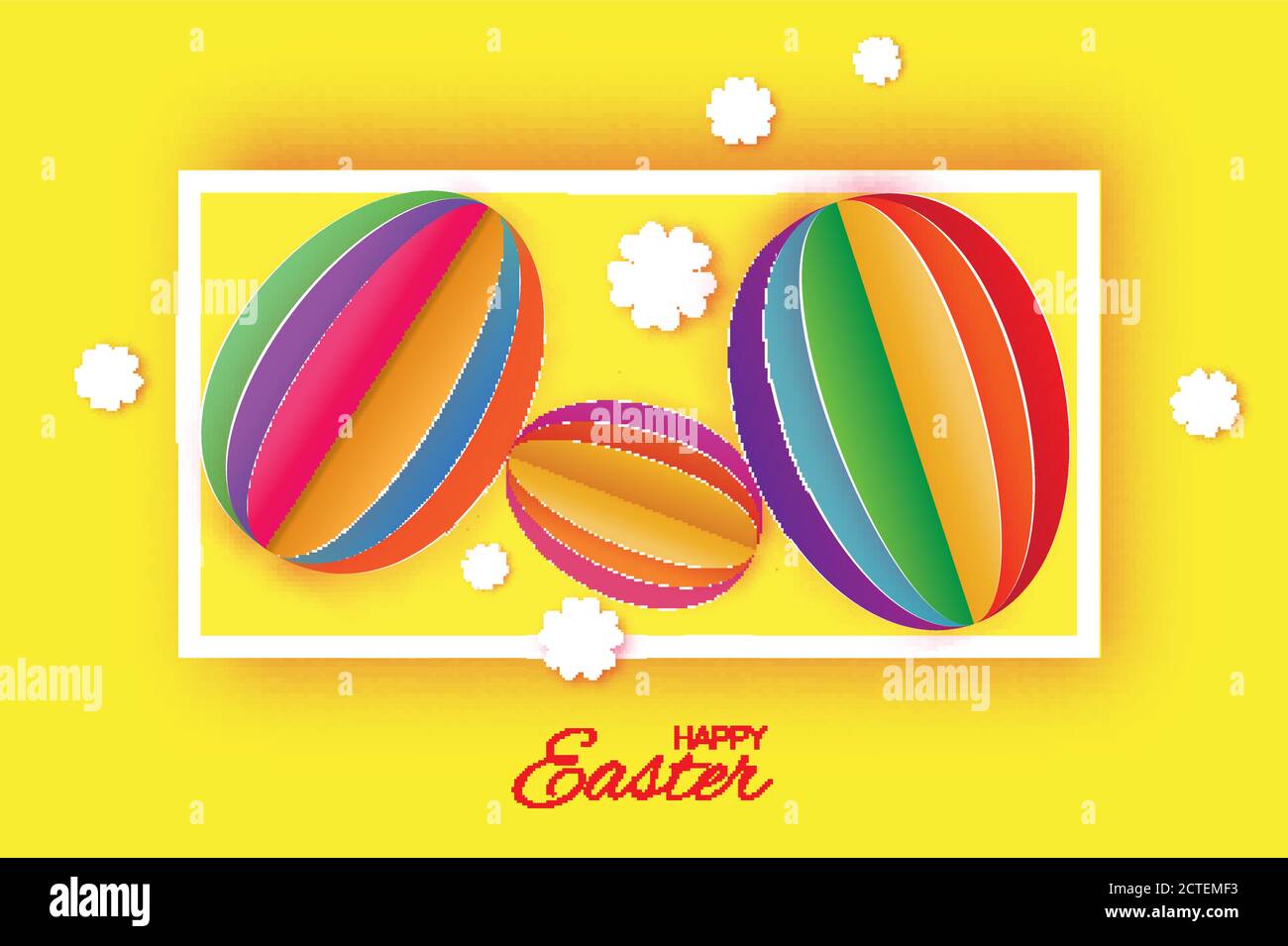 Carte de vœux de Pâques à l'origami. Œuf de Pâques en papier coloré, fleur blanche. Cadre rectangulaire. Arrière-plan jaune. Illustration vectorielle. Illustration de Vecteur