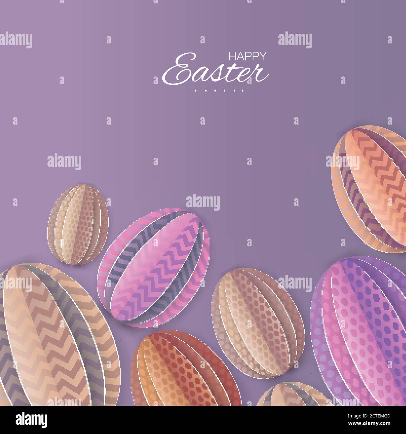 Carte de vœux de Pâques à l'origami. Œuf de Pâques pastel en papier coloré. Décoration point et zigzag. Fond violet. Illustration vectorielle. Illustration de Vecteur