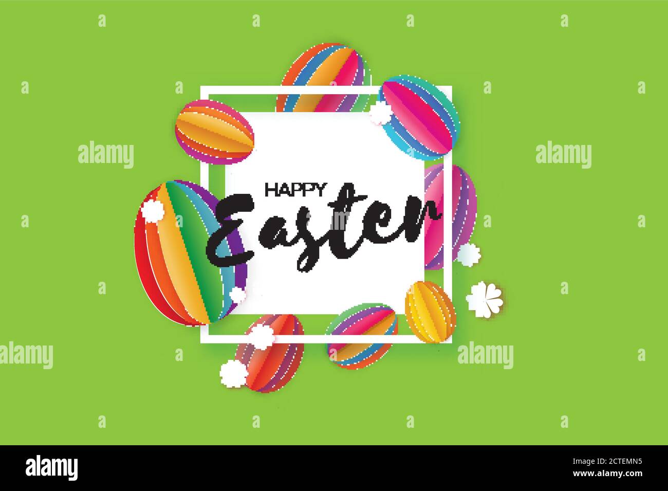Carte de vœux de Pâques à l'origami. Œuf de Pâques en papier coloré, fleur blanche. Cadre carré. Arrière-plan vert. Illustration vectorielle. Illustration de Vecteur