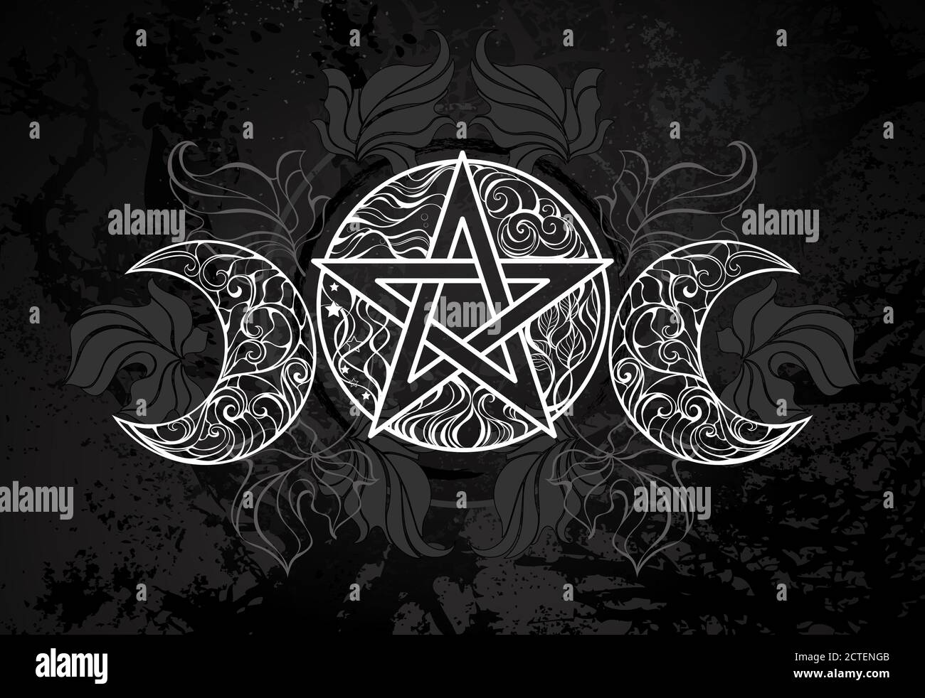 Blanc, à motifs, contour pentagramme avec des centimes sur fond noir texturé avec des feuilles mortes sombres. Symbole wican. Illustration de Vecteur