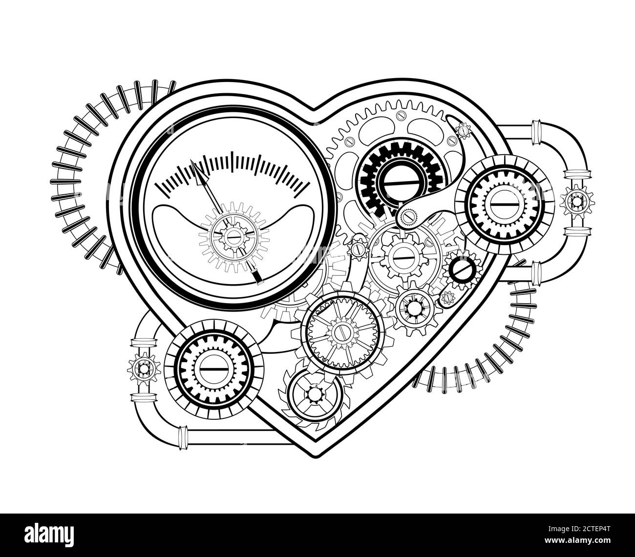 Contour, cœur mécanique avec engrenages, manomètre et ressorts sur fond blanc. Style steampunk. Illustration de Vecteur